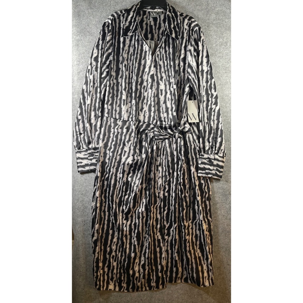 Worthington Womens XL Black White Abstract Stripe Tie Waist Midi Shirt Dress NWT